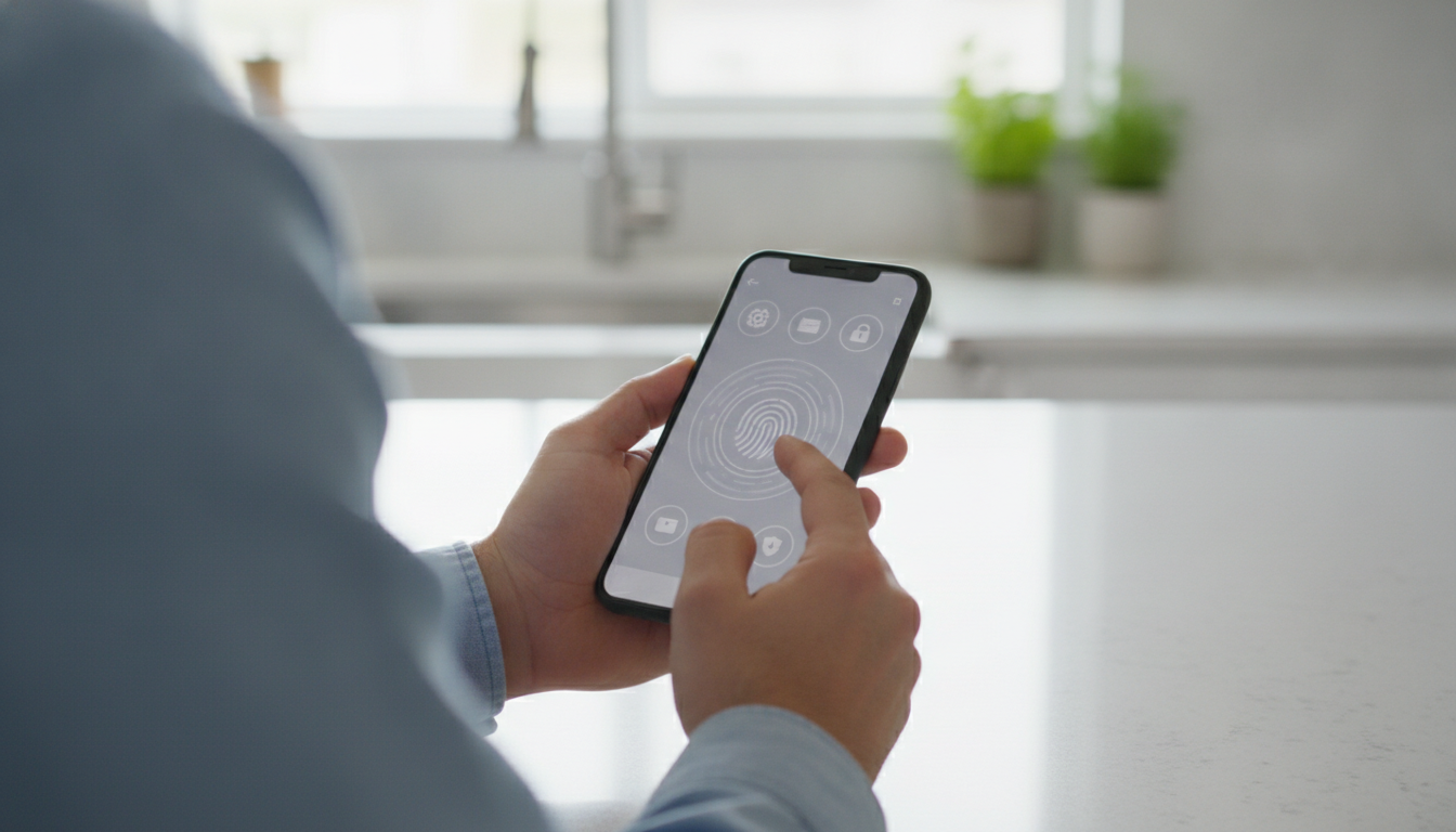 Mann sichert sein Smartphone mit Fingerabdruck-Sperre und Privatsphäre-Einstellungen ab