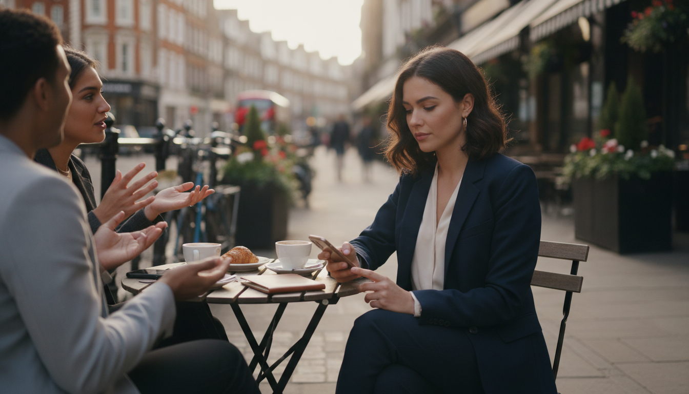 Frau blickt diskret auf ihr Handy, während Freunde im Café im Hintergrund plaudern