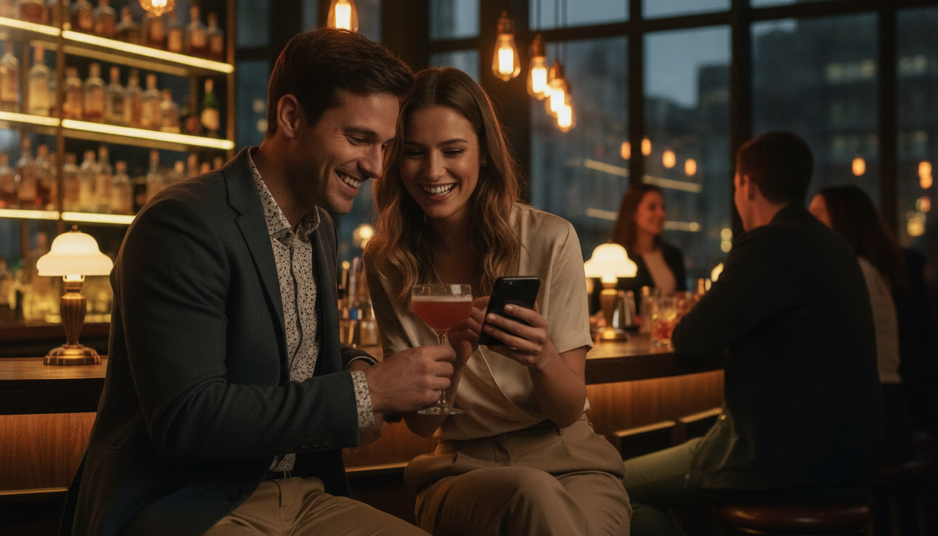 Paar checkt gemeinsam kostenpflichtige Dating-App in moderner Bar