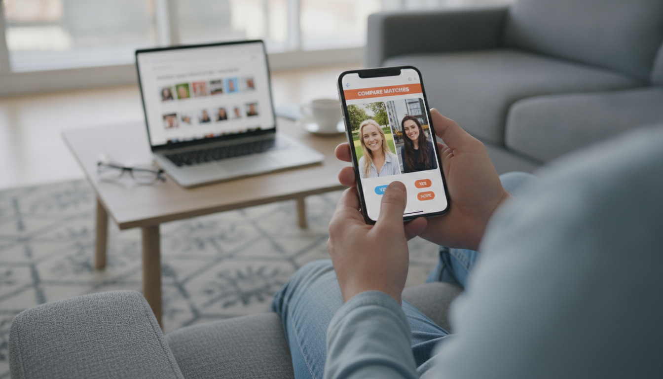Person vergleicht Fotos eines Matches am Smartphone mit einer Rückwärtssuche am Laptop