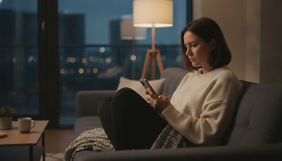 Frau prüft nachdenklich ihr Smartphone auf dem Sofa in einer modernen Wohnung