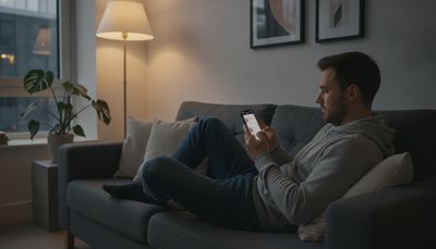 Mann entspannt auf Sofa und nutzt kostenlose Dating-App auf dem Smartphone