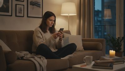 Frau prüft auf dem Sofa aufmerksam ein Dating-Profil auf ihrem Smartphone